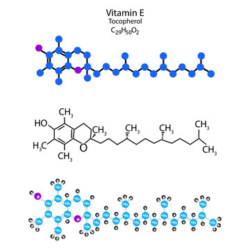 Vitamin E molecular structure. Tocopherol skeletal formula. Scientific background. Vector illustration. Stock image.