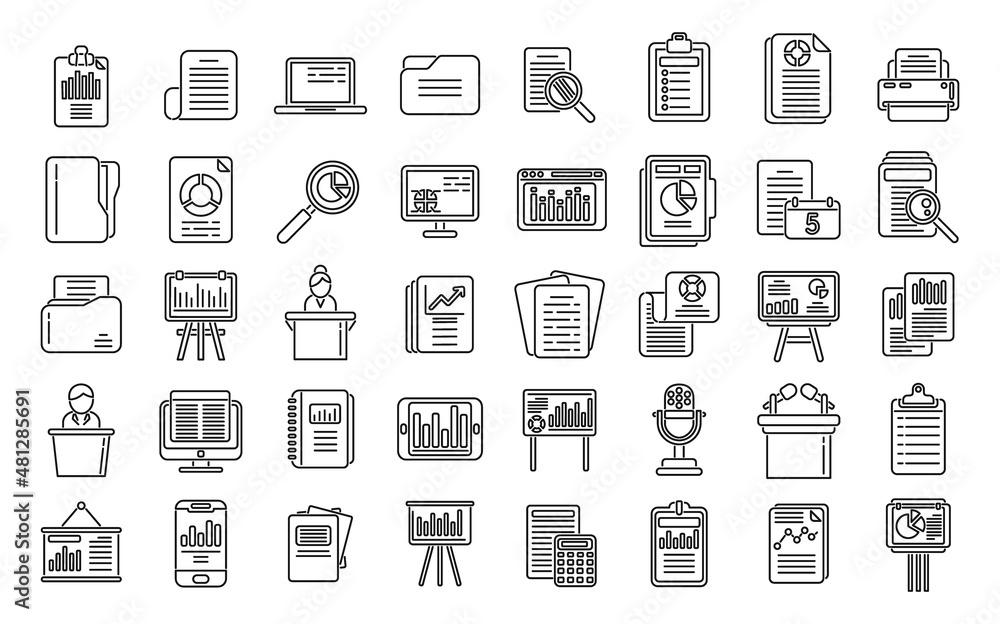 Poster report icons set outline vector. performance chart