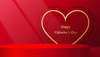 Podium round stage for Valentine day with red and gold heart for I love you day, red paper cut art and craft on red color background