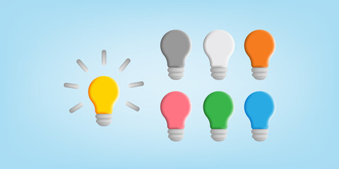 3D cartoon style of bulb light idea set collection in multicolor object.