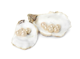 Oyster shells with pearls on white background