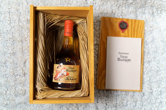 Tyumen, Russia-November 27, 2021: Cognac Lheraud Vieux Millenaire. Founder is Alexander Lero.