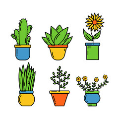 Set of Beautiful Flower Icon Image Collection With Cute Line Art Cartoon Style, Simple Plant Doodle Vector Illustration