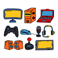 Device Vector Illustration Design Collection of Monitor, Pc, Laptop, Game Stick, Mouse, Mic, Headphone, Speaker, Controller, Smartphone, Simple and Unique Doodle Cartoon in Line Art Style