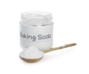 Spoon and jar with baking soda on white background