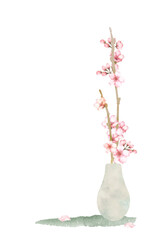 花瓶に入った桜の枝　手描き水彩画