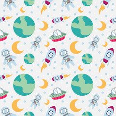 Cute Astronaut Seamless Pattern Background Vector in Space with Element of Astronauts, Rocket, Earth, Moon, Stars