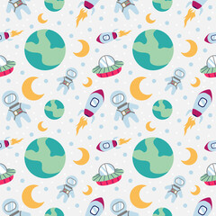 Cute Astronaut Seamless Pattern Background Vector in Space with Element of Astronauts, Rocket, Earth, Moon, Stars