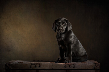 black labrador retriever puppy sitting on a trunk - Powered by Adobe