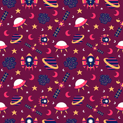 Cute Childish Outer Space Seamless Pattern Background Illustration Design with Elements of Rocket, Satellite, Planet, Ufo, Moon, Stars, Meteor Rock