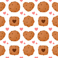 Cute Cookie Flat Seamless Pattern Background with Sweet Chocolate Chip and Love Decoration Element