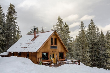 A snowy mountain cabin
