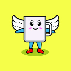 Cute cartoon coffee tea cup character wearing wings in modern style design for t-shirt, sticker, logo element, poster