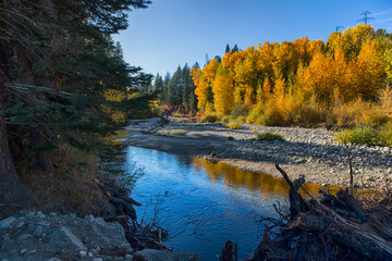Beautiful autumn creek landscape. Nason Creek in Wenatchee River area, Washington, USA