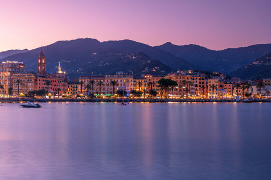 Night view of Rapallo city, Liguria, Italy