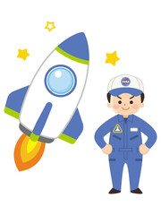 宇宙飛行士の男性とスペースシャトル　ロケット