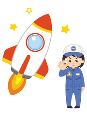 宇宙飛行士の女性とスペースシャトル　ロケット