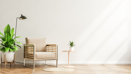 Living room interior wall mockup in warm tones with armchair,minimal design. © Vanitjan