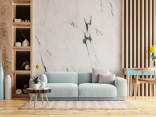 Modern interior of living room have blue sofa with coffee table and working table on marble wall.