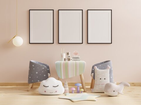 Mockup frame photo in the children's room, bedroom interior on wall white color background.