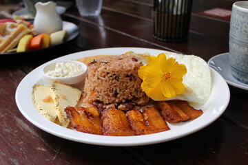 Costa Rican typical breakfast, the Gallo Pinto. At Monteverde