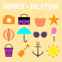 Summer vector art illustration. Beach and vacations items with beachy background