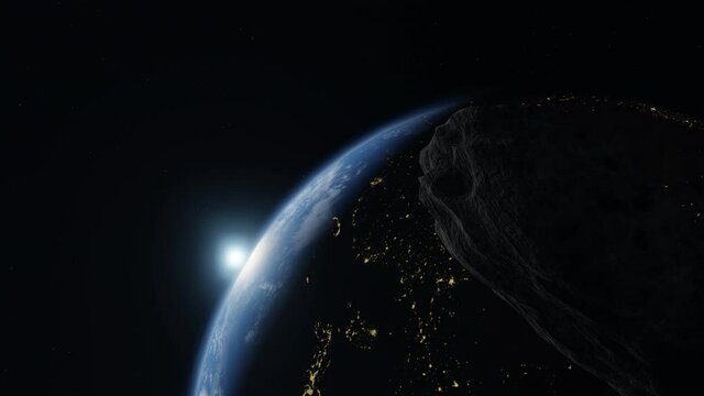 Planet Earth from the space at night and asteroid