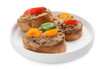 Slices of fresh bread with delicious pate and tomatoes on white background