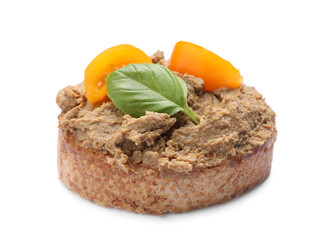 Slice of fresh bread with delicious pate, tomato and basil isolated on white