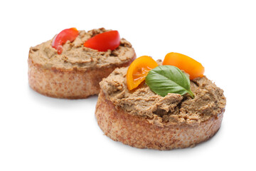 Slices of fresh bread with delicious pate and tomatoes on white background