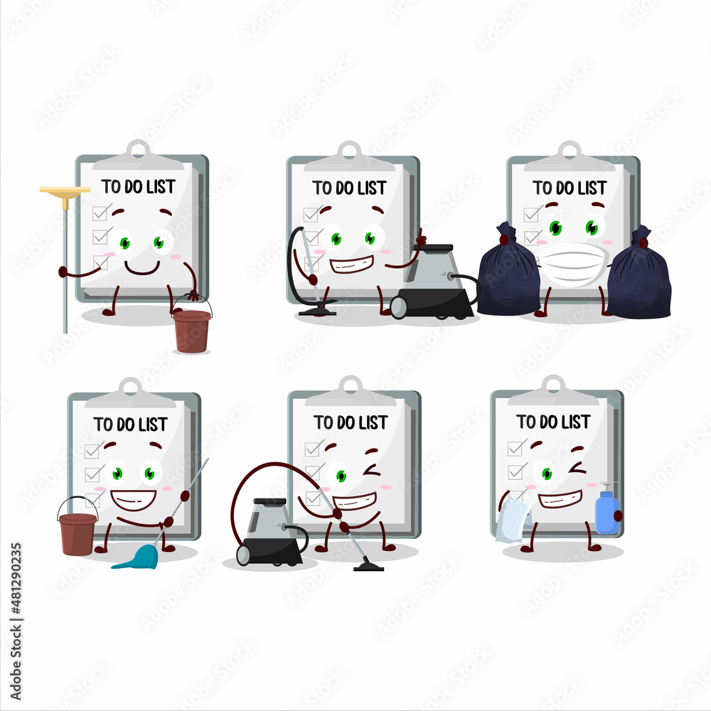 Poster Cleaning service paper sheet with clipboard cute cartoon character using mop