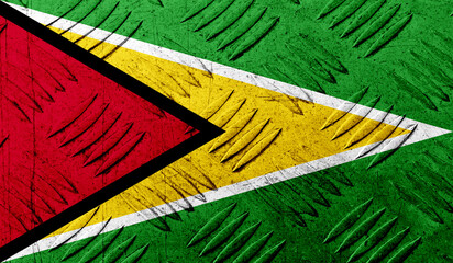 Guyana flag on rough metallic surface. 3D image