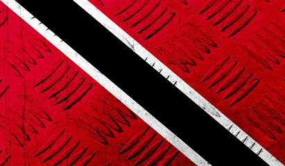 Trinidad and Tobago flag on rough metallic surface. 3D image