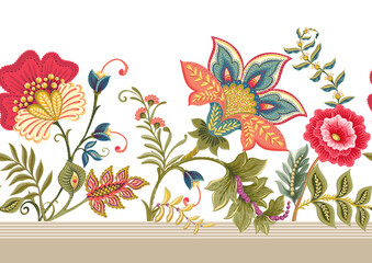 Fantasy flowers in retro, vintage, jacobean embroidery style. Border line seamless pattern, background. Vector illustration. © Elen  Lane