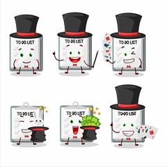 A paper sheet with clipboard Magician cartoon character perform on a stage