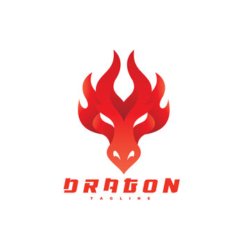 Abstract dragon face head and fire, flame logo vector icon with modern gradient style