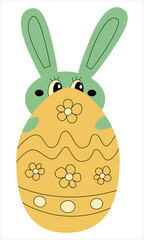 Cute easter bunny hiding behind ornamented egg. Funny rabbit easter celebration element for poster, card, invitation