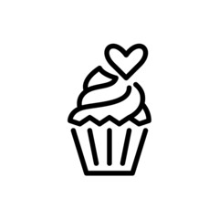 Cupcake with a heart on a frosting. Cute romantic dessert. Pixel perfect, editable stroke icon