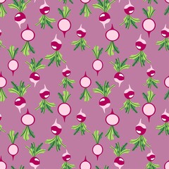Decorative seamless pattern with radish vegetables vector. Cartoon hand-drawn fresh radish with green tops seamless pattern vector. Whole and slices radish vegetables endless texture vector