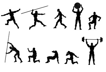 Collage with human silhouettes in different poses on a white background