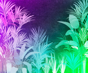 Tropical leaves for wall, color hand-drawn illustration, Mural, Wallpaper for internal printing