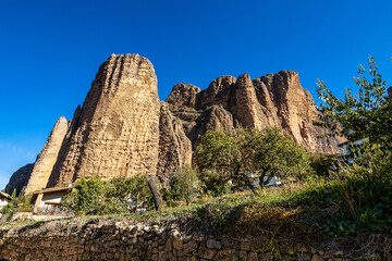Fototapeta na wymiar Panorama of Mallos De Riglos rocks in Huesca province, Aragon, Spain