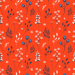 vector naadloze patroon met schattige weide bloemen op rode achtergrond. patroon in vlakke stijl voor afdrukken op stof, kleding, inpakpapier