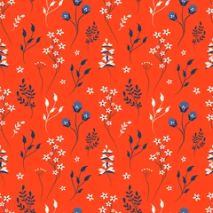  vector naadloze patroon met schattige weide bloemen op rode achtergrond. patroon in vlakke stijl voor afdrukken op stof, kleding, inpakpapier © Viktoria