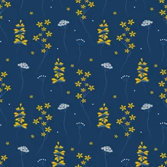 Papier Peint photo Bleu foncé modèle sans couture de vecteur avec de jolies fleurs jaunes sur fond bleu foncé. motif de style plat pour l& 39 impression sur tissu, vêtements, papier d& 39 emballage