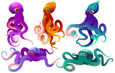 Obraz premium Cartoon octopuses sea animals, underwater ocean creatures with colorful skin and long tentacles. Water kraken, cephalopoda characters with big eyes and feelers in different poses, isolated vector set