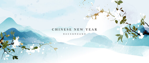 Chinese new year watercolor background vector. Oriental festive art design with flower and mountain watercolor for place text and product images. Design for sale banner, cover and invitation.