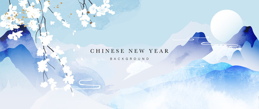 Chinese new year watercolor background vector. Oriental festive art design with flower and mountain watercolor for place text and product images. Design for sale banner, cover and invitation.