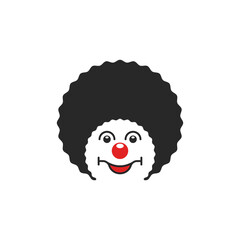 Portrait of a cheerful pendant logo, head of a circus comedian with a smile in a curly wig and a round red nose.