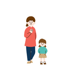 親子　母と娘　全身　手描き